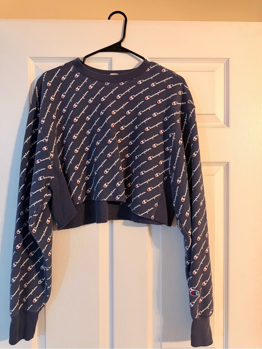 Champion Navy Cropped All-Over Logo Sweatshirt